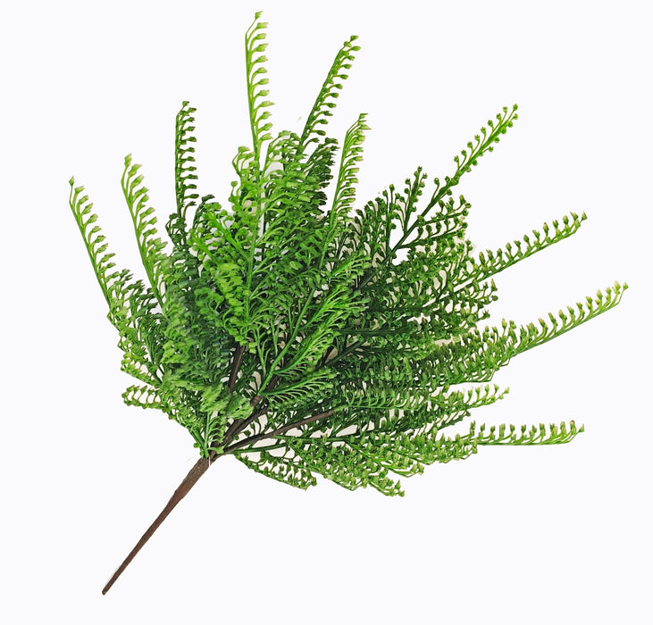 The Picket Fern Bush – Plastic Leaves – 13 Stems – 18 Inches (E66251166) features slender, bright green fronds and a brown stem, perfect as greenery filler for wreath making and displayed against a plain white background.