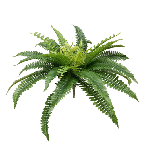 The Boston Fern Bush – Plastic Leaves – 27 Stems – 25 Inches Wide (E66251221) features lush, arching fronds and is ideal as a greenery filler, shown isolated on a white background.
