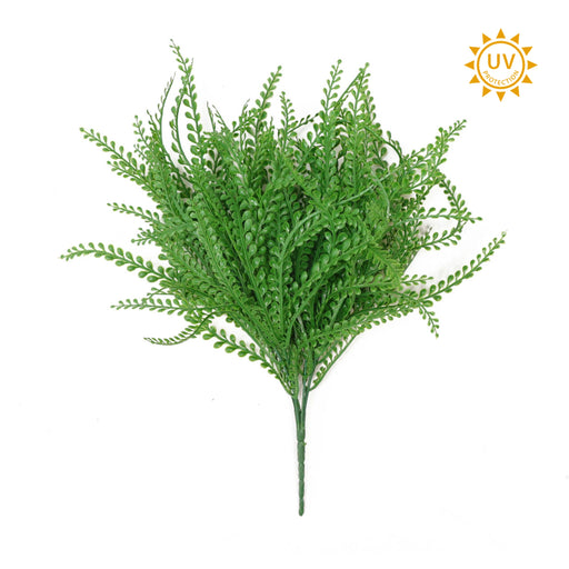 The Green Bead Grass Bush – Plastic Leaves – 7 Stems – 16 Inches E66251557, shown on a white background, is perfect as greenery filler for wreath making. A yellow UV protection sun icon appears in the upper right corner.