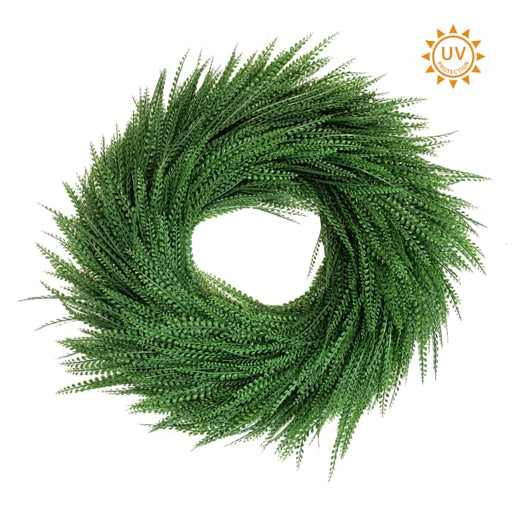 A 28" Dark Green UV Protected Deluxe Bead Grass Wreath (E66262320) with dense, fern-like foliage is shown on a white background. A UV protection symbol highlights its lasting freshness.
