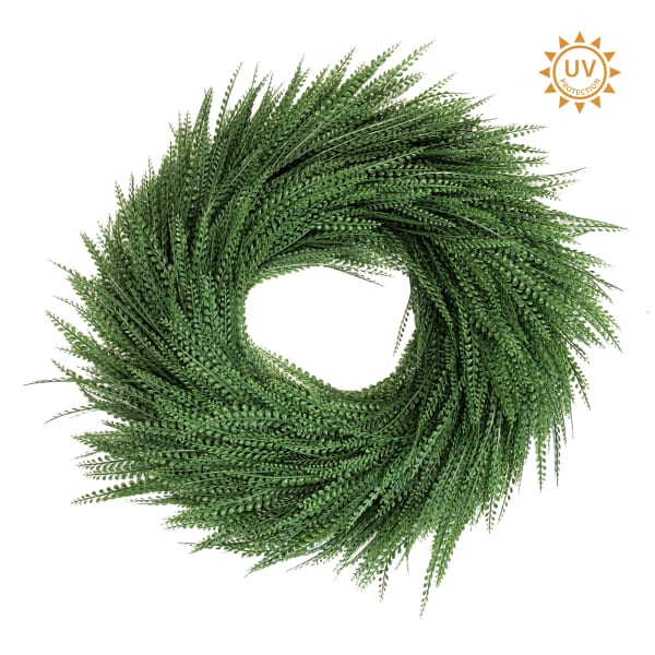 A 28" Dark Green UV Protected Deluxe Bead Grass Wreath (E66262320) with dense, fern-like foliage is shown on a white background. A UV protection symbol highlights its lasting freshness.