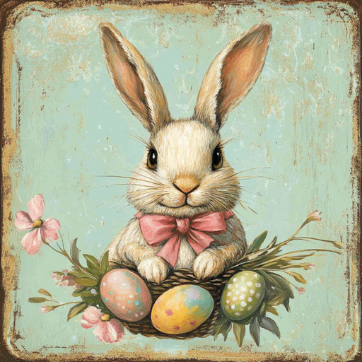 A wide-eyed Easter Bunny with a pink bow sits in a nest surrounded by colorful eggs and flowers on the 10 x 10 Easter Bunny with Bow Sign TTE-164, featuring a textured blue background that evokes a vintage metal sign look.