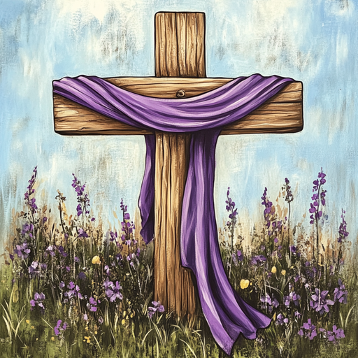 A 10 x 10 Easter Cross Sign TTE-159, with a purple cloth draped over its arms, stands in a field of wildflowers. The blue sky and soft clouds serve as a backdrop, while purple and yellow flowers are scattered in the grass around the cross.
