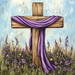 A 10 x 10 Easter Cross Sign TTE-159, with a purple cloth draped over its arms, stands in a field of wildflowers. The blue sky and soft clouds serve as a backdrop, while purple and yellow flowers are scattered in the grass around the cross.