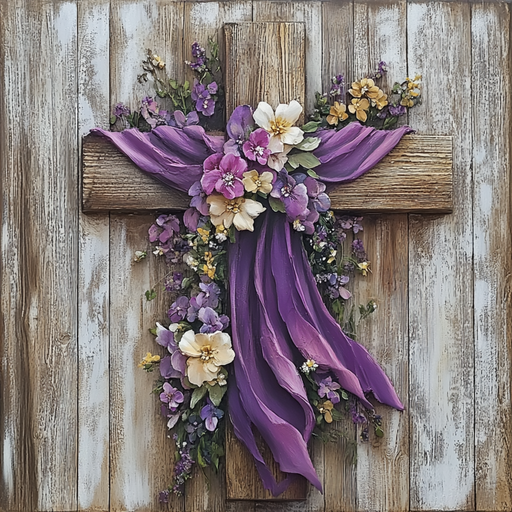 The 10 x 10 Easter Cross with Flowers Sign TTE-160 features a wooden cross draped with a purple cloth and adorned with vibrant purple, yellow, and white flowers, set against a rustic weathered wood backdrop for a natural and serene look.