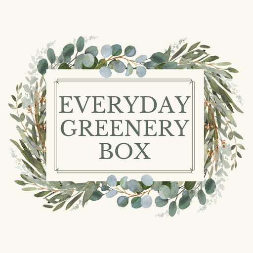 A rectangular sign with the text 2025 Everyday Greenery Box is surrounded by watercolor-style eucalyptus leaves and lush green foliage on a cream background.