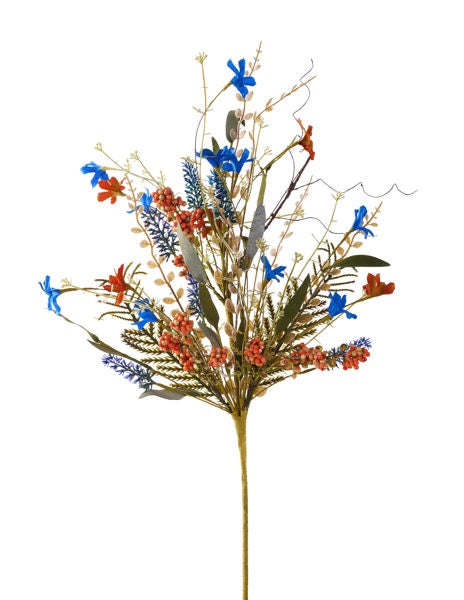 The 24 L Navy/Rust/Off White Fabric Flower/Eva Leaf/Beads Spray FH807163 features fabric flowers, EVA leaves, and beads in a stylish fan arrangement against a white background.