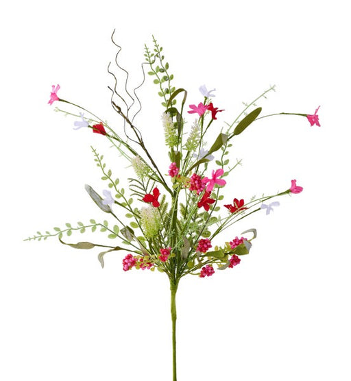The 24 L Red/White/Pink Fabric Flower/Eva Leaf/Beads Spray (FH807174) features small blossoms, green EVA leaves, beads, and slender stems arranged fan-style against a white background.
