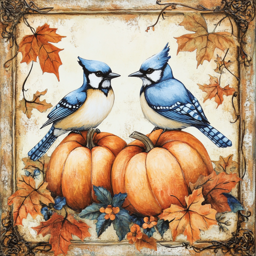 The 10 x 10 Fall Blue Jays & Pumpkins with Border Sign (TTE-268) features two Blue Jays on pumpkins amid autumn leaves and flowers, all within a vintage border—capturing the vibrant charm of the fall harvest.