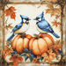 The 10 x 10 Fall Blue Jays & Pumpkins with Border Sign (TTE-268) features two Blue Jays on pumpkins amid autumn leaves and flowers, all within a vintage border—capturing the vibrant charm of the fall harvest.