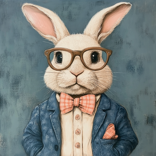 A rabbit in glasses, a blue blazer, and an orange bow tie stands against a blue backdrop in dapper style. With paws in pockets, this chic character resembles the Fancy Easter Bunny from the 10 x 10 Sign TTE-157, ready to sign autographs.