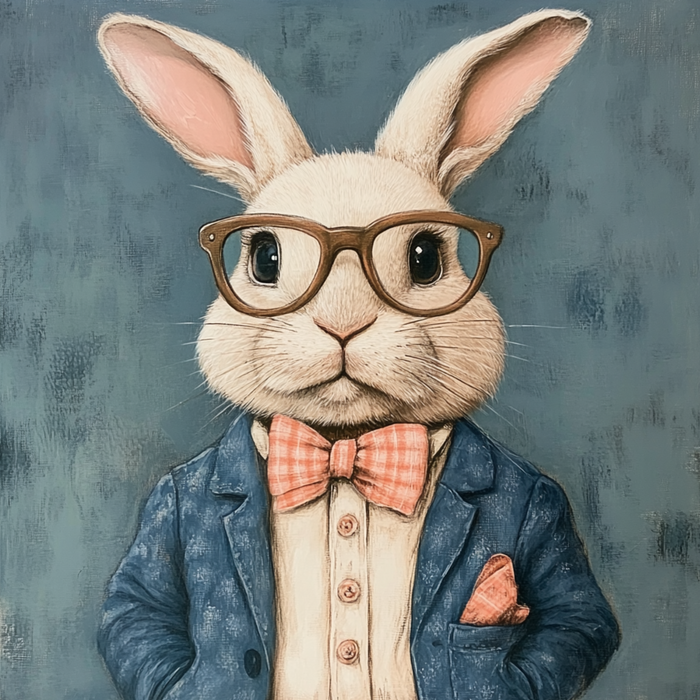 A rabbit in glasses, a blue blazer, and an orange bow tie stands against a blue backdrop in dapper style. With paws in pockets, this chic character resembles the Fancy Easter Bunny from the 10 x 10 Sign TTE-157, ready to sign autographs.
