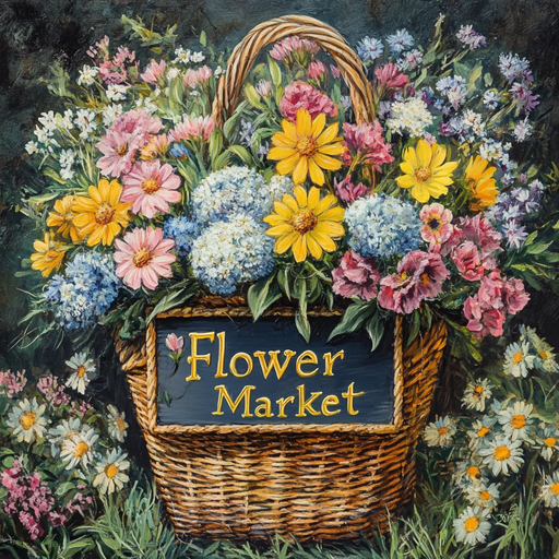 A vibrant basket of blooms features yellow daisies and pink hydrangeas, highlighted by a dark blue 10 x 10 Floral Market Basket Sign (TTE-235) with Flower Market in bright yellow, set against lush greenery.