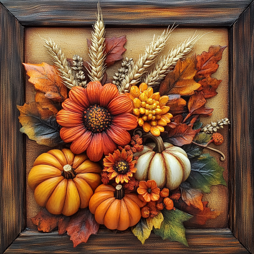 The 10 x 10 Framed Fall Accents Sign TTE-270 features autumn art with pumpkins, sunflowers, mums, leaves, and wheat on a warm brown background—ideal for bringing cozy seasonal charm to your décor.