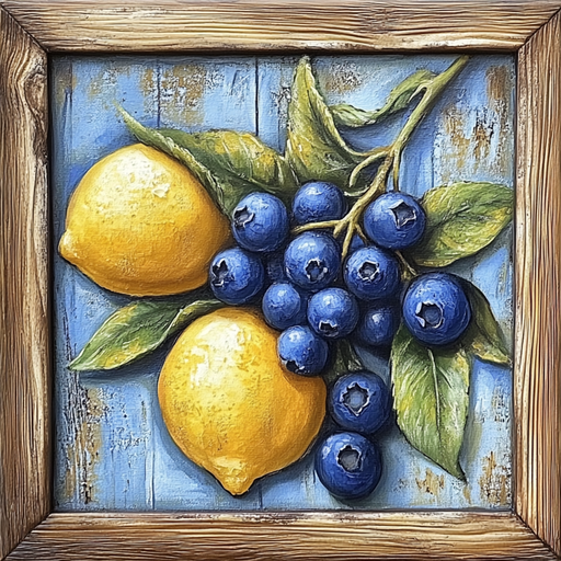 The 10 x 10 Framed Lemon & Blueberries Sign TTE-249 features a textured painting of lemons and blueberries on a rustic blue wooden background, adding artful charm to your home decor.
