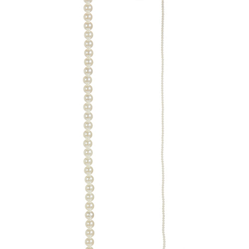 The 6 Pearl Bead Garland G4202387, featuring round, smooth plastic pearls evenly spaced along a 6-foot string, is shown beside a delicate chain on a plain white background.