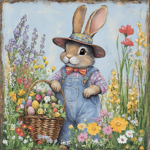 In a vibrant garden, beneath a clear sky, a bunny in a hat and overalls stands beside the 10 x 10 Gardener Bunny Sign TTE-203, holding an Easter egg basket amidst blooming flowers.