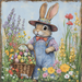 In a vibrant garden, beneath a clear sky, a bunny in a hat and overalls stands beside the 10 x 10 Gardener Bunny Sign TTE-203, holding an Easter egg basket amidst blooming flowers.