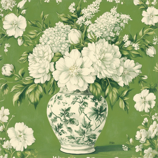 The 10 x 10 Green Chinoiserie Vase Sign TTE-233 features a centerpiece of white peonies and hydrangeas on a floral-patterned green and white background, with the flowers depicted in elegant shades of white and gray for a harmonious design.
