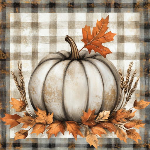 The 10 x 10 Grey Plaid Pumpkin Sign TTE-292 features a white pumpkin with orange autumn leaves and wheat on a rustic beige and grey plaid background—an ideal accent for your fall decor.