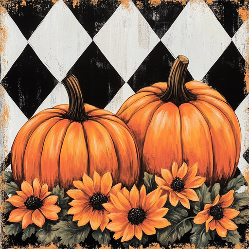 The 10 x 10 Harlequin Pumpkins & Sunflowers Sign (TTE-295) features two large harlequin pumpkins with yellow sunflowers against a black and white diamond-patterned background with lightly distressed edges.
