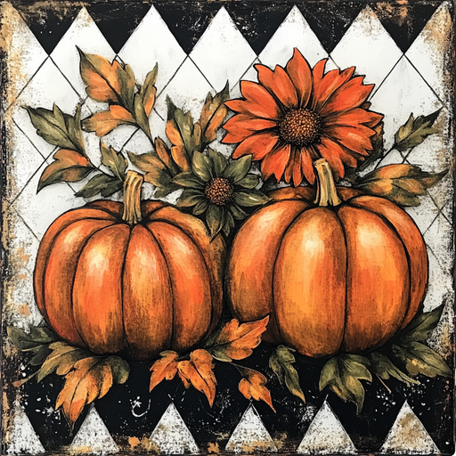 The 10 x 10 Harlequin Pumpkins Sign TTE-291 features two Harlequin pumpkins and autumn flowers with green leaves against a black and white diamond-patterned background, perfect for your seasonal decor or metal sign display.