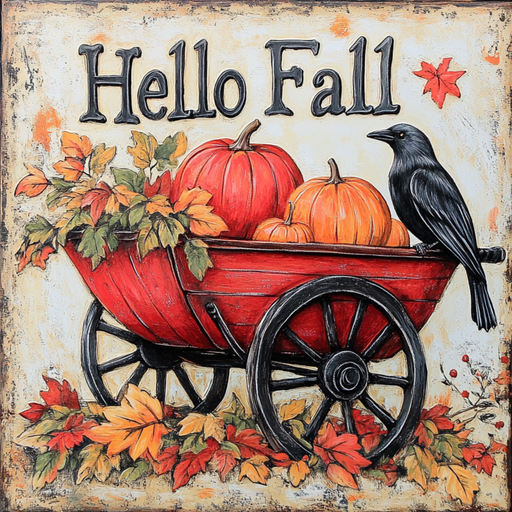 The 10 x 10 Hello Fall Wheelbarrow Sign (TTE-284) features pumpkins, autumn leaves, a black crow, and Hello Fall text with colorful leaves—ideal festive metal décor for the season.