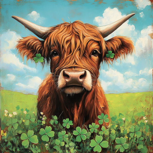 A Highland cow with shaggy red-brown fur and large horns stands in a clover field with two clovers behind its ears under a bright sky—captured perfectly on the 10 x 10 Lucky Highland Cow Sign TTE-147 for unique metal décor.