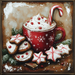 A festive scene features a red mug of hot cocoa topped with whipped cream, red berries, and a candy cane, surrounded by frosted star and round cookies decorated with red berries and pine sprigs. This cozy setup is beautifully arranged against a snowy, rustic backdrop near the charming 10" x 10" Hot Cocoa & Cookies Christmas Sign TTE-113.