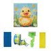 The Joyful Duck Sign & 4 Ribbon Bundle 03122025 features a painting of a smiling yellow duckling in a field of flowers above ribbons in blue, green plaid, light green, and yellow with floral patterns—perfect for cheerful decor.