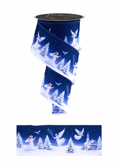 A partially unrolled 2.5 x 10 YD Angel Winter Scene LS108601 ribbon displays angels, pine trees, and a church in blue, white, and green beneath a starry night sky.