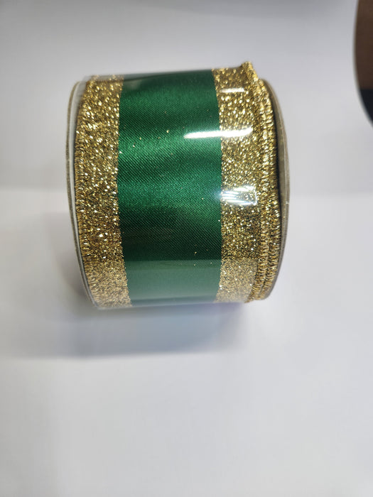 The 2.5X10YD Emerald Gold Vertical Glitter Stripe Ribbon (LS31207R) features a central green satin band with wide glittery gold edges, displayed on a plain white background.