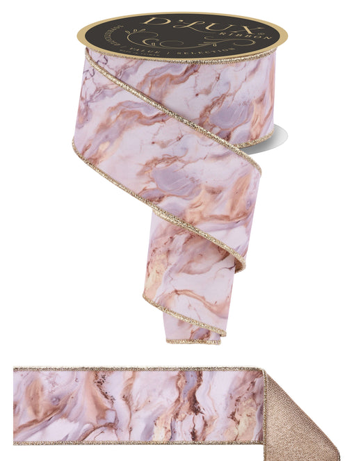 The 2.5 x 10 YD Marble Fused Ribbon LX110130 features a pink and gold marbled pattern with gold-trimmed edges, partially unrolled to showcase its stylish design—ideal for versatile decorating.