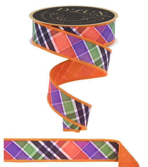 A 1.5 x 10yd Lime/Purple/Black/Orange Bold Plaid Fused Ribbon (LX1118RY), partially unspooled and spiraled, features a colorful plaid pattern with an orange border and a flat section at the bottom.