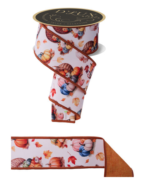 A 2.5X10Yd Ivy Orange Pink and Mustard Pumpkin Patch Ribbon (LX1136C2) with a fall harvest design featuring colorful pumpkins, gourds, and autumn leaves on white, bordered in orange.