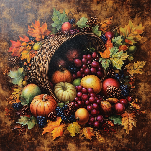 The 10 x 10 Large Fall Cornucopia Sign (TTE-286) features pumpkins, grapes, apples, and berries spilling from a cornucopia, surrounded by autumn leaves and pinecones on a rustic brown background—ideal for fall décor.