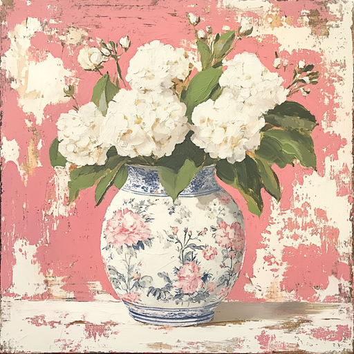 The 10 x 10 Pink/Blue Chinoiserie Vase & Hydrangeas Sign TTE-232 showcases a vase adorned with blue floral patterns, filled with white hydrangeas and green leaves against a rustic pink and white textured background.