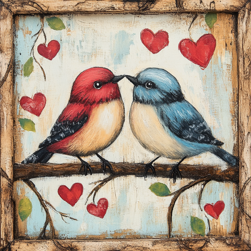 The 10 x 10 Love Birds Sign TTE-121 showcases two birds—a red and a blue—perched on a branch, touching beaks. Red hearts and green leaves surround them within a rustic wooden frame, set against a soft blue backdrop, making it an ideal decor piece.