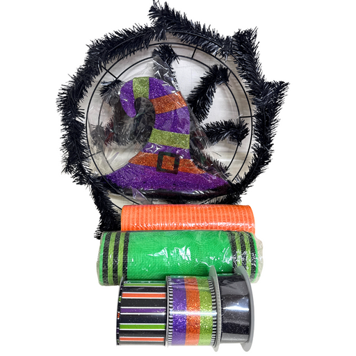 Create a spooky display with the McKenzie Cole Halloween Witch Hat Wreath Kit 08082025, featuring a black wreath frame, glittery witch hat, orange and green mesh rolls, and striped Halloween ribbon.