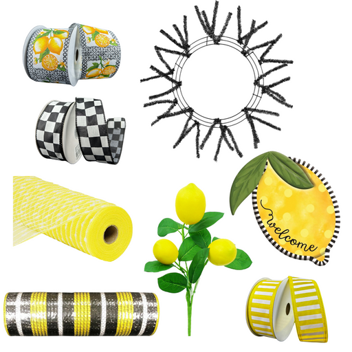Explore the McKenzie Cole Lemon Wreath Kit 013125, a charming set of crafting materials that includes lemon-themed ribbons, vibrant yellow and white mesh, a wire wreath frame, checkered decorative ribbons, artificial lemons with leaves, and a Welcome lemon-shaped sign for your creative masterpiece.