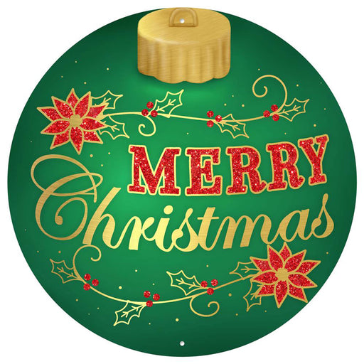 The 12" Diameter Metal Merry Christmas Ornament Sign, labeled MD1328, boasts an emerald green background with "Merry Christmas" elegantly inscribed in gold and red letters. It features a metal design adorned with red poinsettias and holly, highlighted by shimmering gold accents, making it an ideal festive decoration.