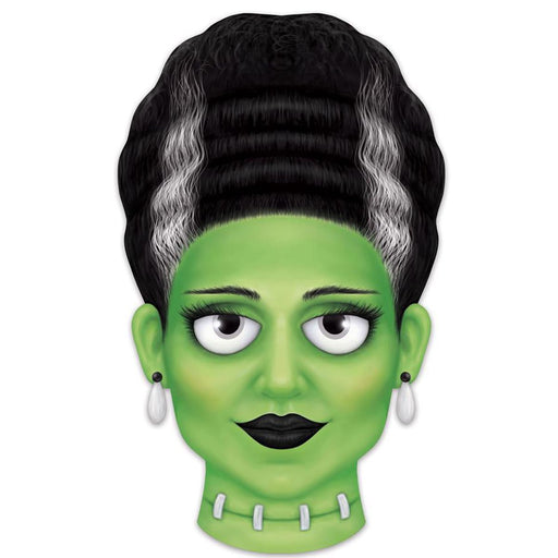 This 12.5H x 7.5L Mrs. Frankenstein sign (MD1452A6) features a green-faced character with a tall, black beehive hairstyle, white streaks, stitched neckline, large eyes, black lipstick, and pearl earrings—ideal for adding eerie charm.