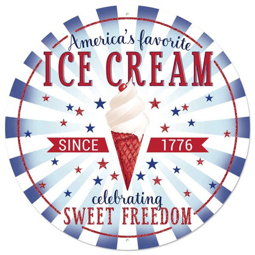This vintage-style sign, named 12DIA Red White Blue Metal Americas Ice Cream Sign MD1510, features a red cone and swirl with text: Americas favorite ICE CREAM Since 1776, celebrating SWEET FREEDOM. It embodies classic American charm with blue and red stars on a light blue backdrop.