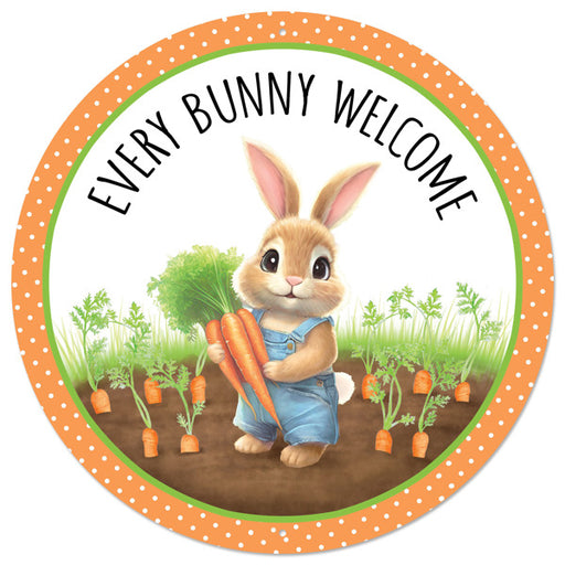 The 12 DIA Orange Brown Green Blue White Black Metal Every Bunny Welcome Sign (MD1529) features a cute bunny in overalls with carrots amidst a carrot garden. Topped with Every Bunny Welcome, its orange and green dotted border makes it a charming home or garden addition.