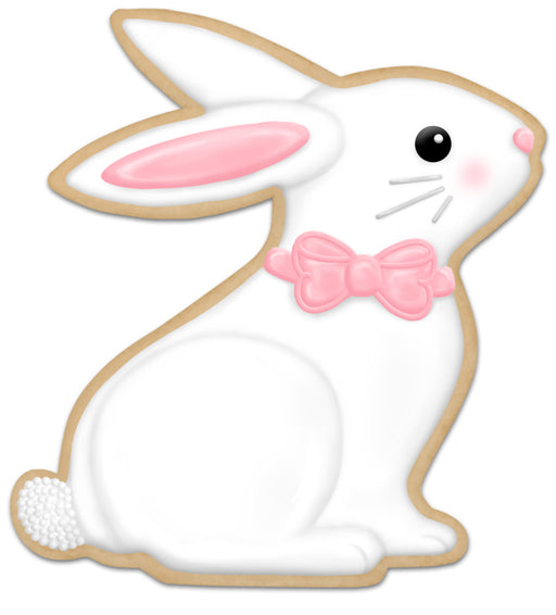 The 12H x 11.2 L Metal Cookie Bunny Sign MD154227 is a delightful home decor piece, featuring a white rabbit with pink ears, nose, and bow, a small textured tail, black eye, and light brown icing outline that resembles an Easter decoration.