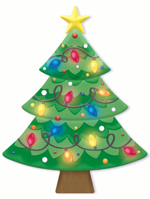 Illustration of a decorated Christmas tree with colorful lights, ornaments, and a yellow star—perfect for inspiring your holiday decor or enhancing your space with the 12.5 Metal Christmas Tree MD1664H9 sign.