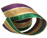 The 2.5X10Y Mardi Gras Purple-Green-Gold Textured Stripe Ribbon MG-05A features glittery stripes in purple, gold, and green on a white backdrop, capturing the festive spirit perfect for Mardi Gras celebrations.