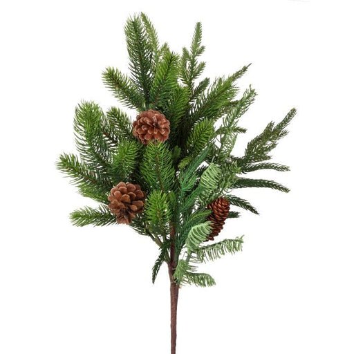 The 24" Real Touch Norfolk Spruce Juniper Spray (MTX68569) features lifelike green needles and three brown pinecones, set against a white background.