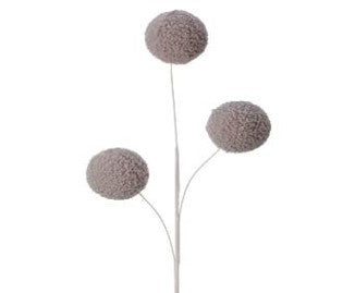 Introducing the 28" Sweater Ball Spray Grey MTX70808, a minimalistic decorative piece designed with three spherical objects featuring a sweater-like texture on slender white stems. This abstract floral design makes a striking impression against its plain white background.