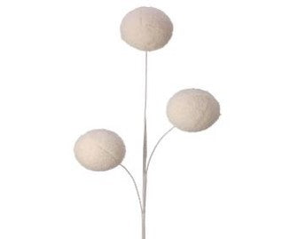 A minimalistic image features three round, white spheres resembling the 28" Sweater Ball Spray White MTX70808 on slender stems, arranged in a triangular pattern against a plain white background.